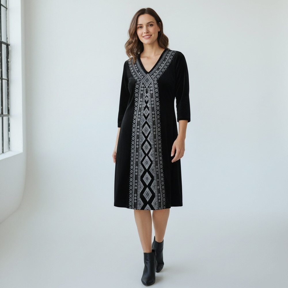 Coldwater Creek | Black Velvet Dress White Embroidery Detail PL